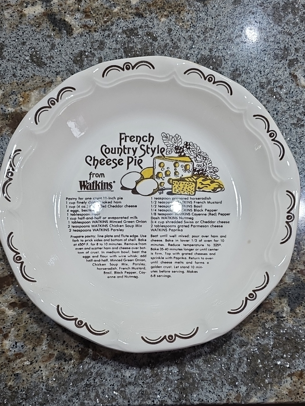 Watkins French Country Style Cheese Pie Serving Plate - White with Brown Accent